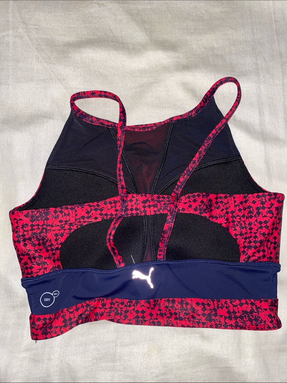 Puma Red & Navy Racerback Sports Bra with Patterned Band